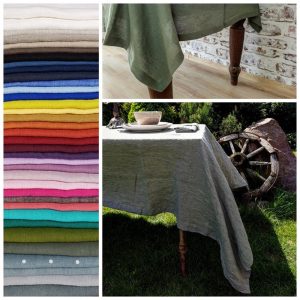Washed linen tablecloth many COLORS off white beige blue black green yellow purple pink stonewashed tablecloth wide hem mitered corners