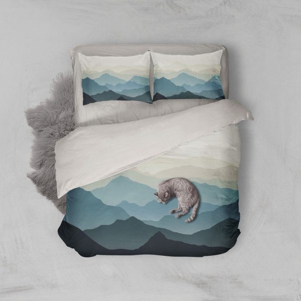 3D Landscape Duvet Covers Set, Silhouette Quilt Cover, Blue Bedding Set, Mountain Doona Cover, Misty Queen Bedding, Simple King Bedding