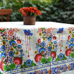 Ukrainian linen table cloth Petrykivka painting tablecloth Size: 150 cm x 220 cm (59″ x 86.6″approx.) Ukrainian gifts
