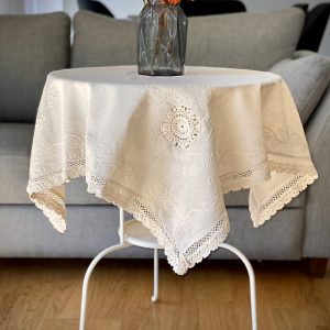 Handmade Embroidery Lace Small Table Cloth – Natural Linen Cotton (90 x 90 cm) (36×36 inches)