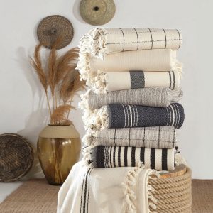 Cream Organic Cotton Bedspread, Turkish Cotton Throw Blanket, Queen Size Bedspread, Plaid Striped Large Throw, Farmhouse Decor