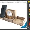 Wood Table Clock, NO TICKING / Silent Desk CLOCK Sixty vintage style, Shaded Gold Turquoise Brown Patina, Fuma Exotic Wood