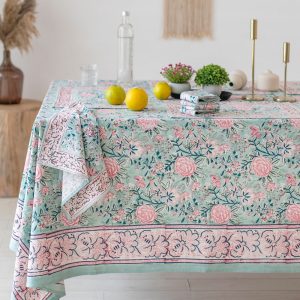 Sea Green, Baby Pink Roses Design Indian Block Printed Tablecloth, Christmas Tablecloth, Rectangle tablecloth, Country  Kitchen Linen Throw,