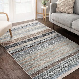 Ethnic Geometric Area Rug|Blue And Gray Turkish Kilim Carpet|Bestselling Saloon Rugs|Rectangle Rug|Fringed Floor Carpet|Traditional Decor