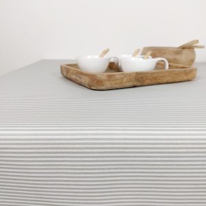 Coated tablecloth in Vosges cotton with white and beige stripes.