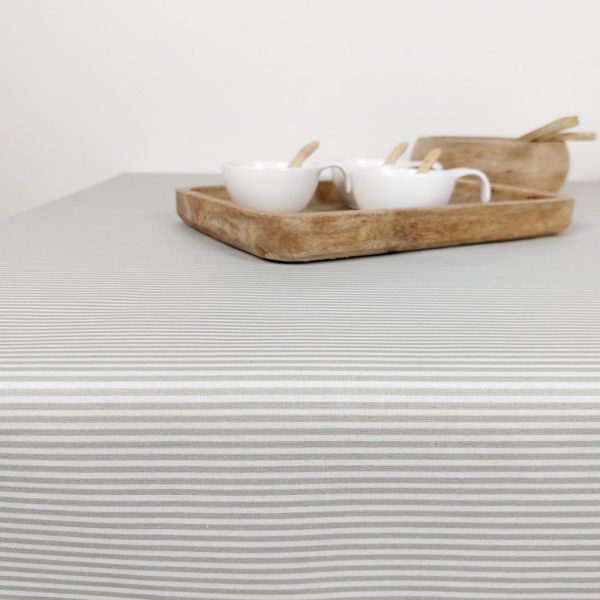 Coated tablecloth in Vosges cotton with white and beige stripes.
