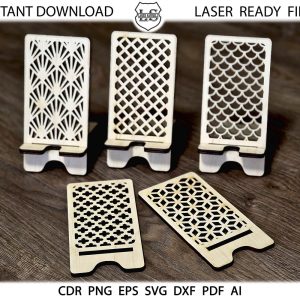 6 Laser Cut Wooden Mobile Phone Stand Cell Phone Holder Digital Download SVG, Phone Stand Laser cut file, Mobile phone wooden stand cut file