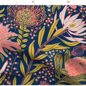 Table Linens “Protea Garden” Cotton Fabric Tablecloth, Runner, Placemat, Napkin – Large Orange and Green Floral on Black
