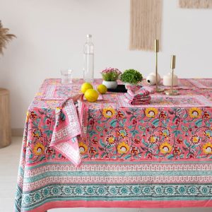 Flamingo Pink Floral Tablecloth, Indian Hand Block Printed Table Cover Table Cloths, Farmhouse Table Linen, Pink Wedding Tablecloth