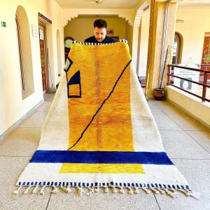 Moroccan Handmade Rug, Yellow and White Beni Ourain Wool Carpet, Shaggy Handwoven Area Rug, Bohemian Abstract Living Room Rug