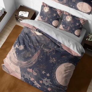 Galaxy Moon Bedding Cotton Duvet Cover Set, Celestial Zipper Bedding, Cosmic Quilt Cover, Vintage Reversible Bed Cover, Gothic Bedroom