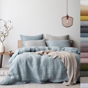Linen bedding set in blue lace. Green King or Queen size duvet cover with button closure and 2 envelope pillow cases, light blue color