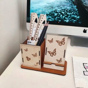 Laser Cut Phone stand with Pen holder Desk Organizer Vector Files For Wood Laser Cutting Glowforge Cut Vector Templates desktop pen stand