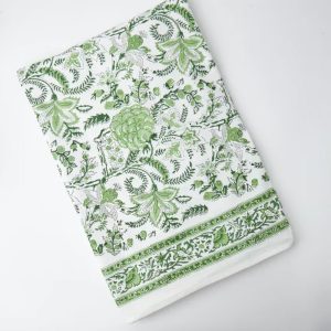 Moss Green Floral Indian Table Cover | Thanks Giving Tablecloth | Farmhouse Decor | Housewarming Gift | Handmade Block Print Table Linen |