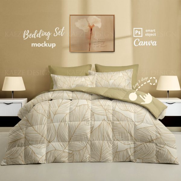 Bedding Set Mockup Photoshop PSD, Quilt Duvet and 4 pillows in Minimalist Interior Design Bedroom, PSD Smart Object and Canva bedding mockup