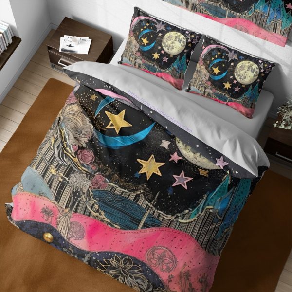 Boho Celestial Moon & Stars Bedding, Quirky Whimsical Goth Room Decor, Vintage Artistic Duvet Cover, Full King Queen Dorm Twin Bedding Set