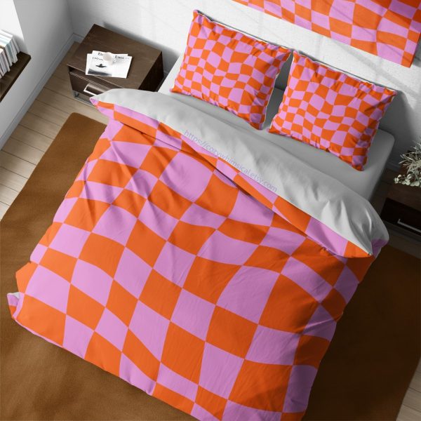 Orange and Purple Retro Y2k Wavy Check Bedding, Checkerboard Aesthetic Quilt Cover, Full King Chess Board Duvet Cover, Checkered Bedding Set