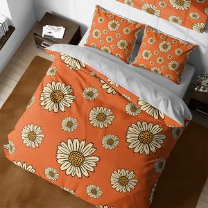 Retro daisies vintage style hippie aesthetic bedspread, groovy nostalgic 70’s inspired burnt orange duvet cover, floral bedding set full
