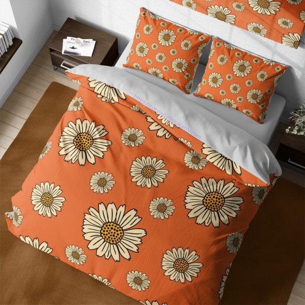 Retro daisies vintage style hippie aesthetic bedspread, groovy nostalgic 70’s inspired burnt orange duvet cover, floral bedding set full