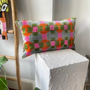 Colorful ikat Velvet Pillow,Green Pink Orange Floral Design Lumbar Velvet ikat 12×20,Blue Green Velvet ikat ,Velvet throw Pillow,Sofa Decor