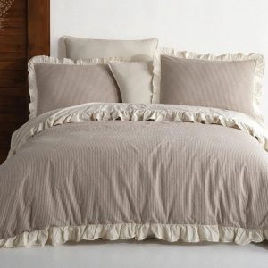 Beige and Brown Striped Ruffle Duvet Cover Set,Rustic style cotton bedding with double ruffles,Cotton Duvet Cover Set,Cotton Duvet Cover Set
