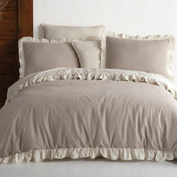 Beige and Brown Striped Ruffle Duvet Cover Set,Rustic style cotton bedding with double ruffles,Cotton Duvet Cover Set,Cotton Duvet Cover Set