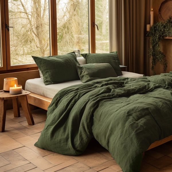 Christmas dark olive linen bedding set 1 Duvet cover and 2 Pillowcases Olive softened linen bedding Comforter cover set Quilt cover set