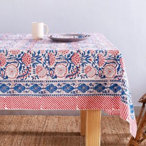 Blue,Red and White Floral Border Design Hand Block Print Tablecloth Table Cover Linen Set for Wedding Events Home Farmhouse Party Gifts
