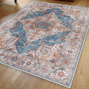 Terracotta Blue Red Persian Style Traditional Rug Washable Stain Resistant Carpet Mat Hallway Rugs for Living Room Area Rug for Bedroom Rugs