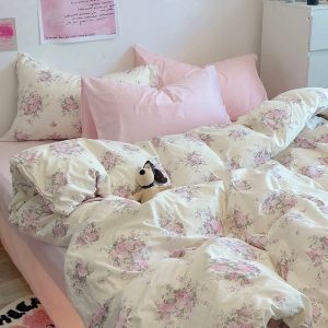 Floral Coquette Duvet Cover Set, Pink Cotton Cottagecore Princess Bedding