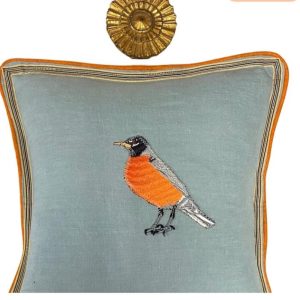 Slate Blue and Orange Bird Linen Pillow – Bird Pillow