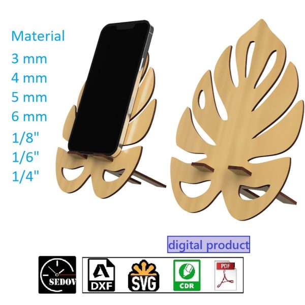 Laser Cut Phone Stand Monstera leaf Wooden Figurine – Cellphone Holder DIY – digital files svg cdr pdf dxf