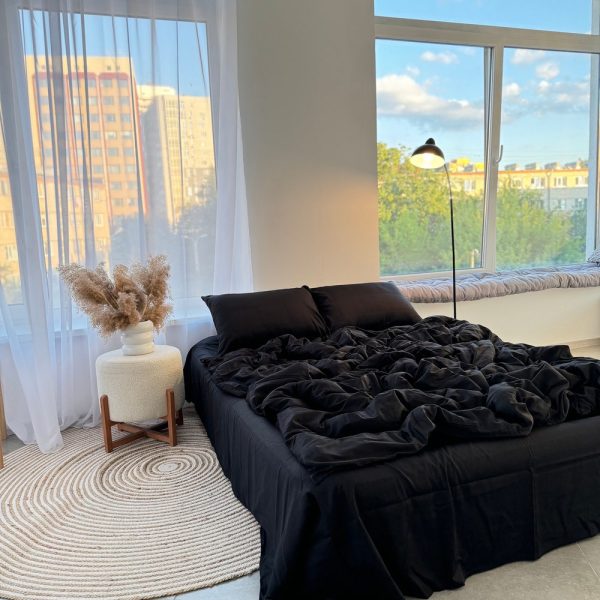 Bedding set Black  Satin 100% cotton : Duvet Cover, 2 Pillowcases, Fitted Sheet or Flat Sheet.Custom size