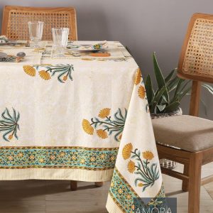 Handcrafted Indian Block Printed Tablecloth – Cotton, Boho Floral Design, Dining Table Cover, Mid Century Wedding & Party Decor Events