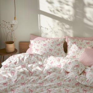 Pink Floral Coquette Bedding Set, Pink Duvet Cover Set, Pink Bow Bedding Twin, Dorm Bedding, Coquette Comforter, Queen, King, Cute Bedding