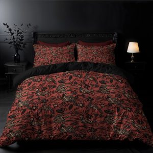 Fall Skeleton Bedding Set, Spooky Macabre Floral Duvet Cover & Pillowcase w/ Moody Maximalist Vibes, Dark Gothic Autumn Home Bedroom Decor