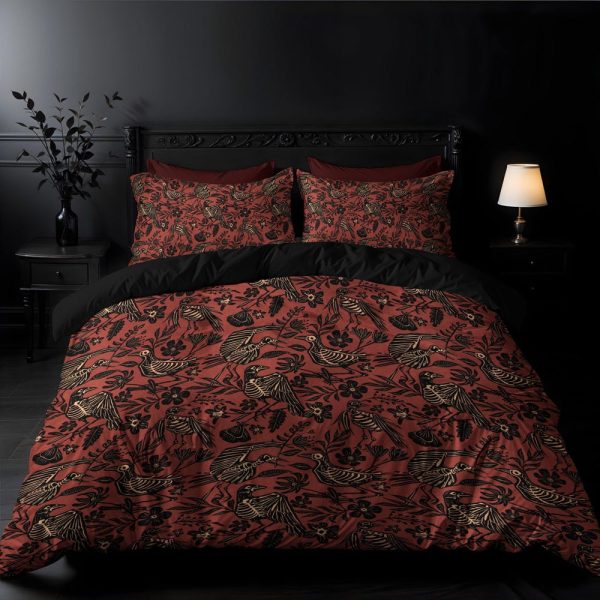 Fall Skeleton Bedding Set, Spooky Macabre Floral Duvet Cover & Pillowcase w/ Moody Maximalist Vibes, Dark Gothic Autumn Home Bedroom Decor