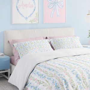 Preppy Girls Bedding Set,  Grandmillennial Pink and Blue Floral, Coquette, Comforter or Duvet Cover, Pillowcase Set, Granny Chic Decor