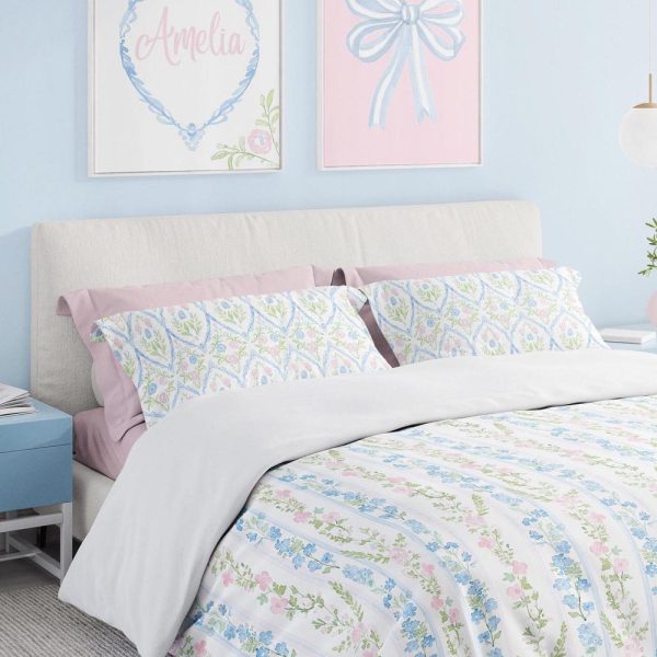 Preppy Girls Bedding Set,  Grandmillennial Pink and Blue Floral, Coquette, Comforter or Duvet Cover, Pillowcase Set, Granny Chic Decor