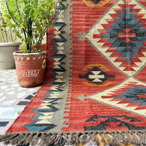 Red Peruvian Rug – Handmade Vintage Kilim Motif Runner – Indian Moroccan Fusion Dhurrie – Red Southwestern Native Navajo Jaipur Runner Rug