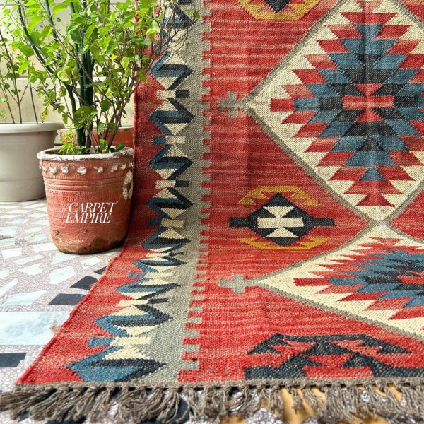 Red Peruvian Rug – Handmade Vintage Kilim Motif Runner – Indian Moroccan Fusion Dhurrie – Red Southwestern Native Navajo Jaipur Runner Rug