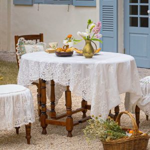 French Elegant Cotton Tablecloth, Delicate Floral Embroidery, Lace-Trimmed Edges, Housewarming Gift, Wedding and Holiday Decor, Gift for Her