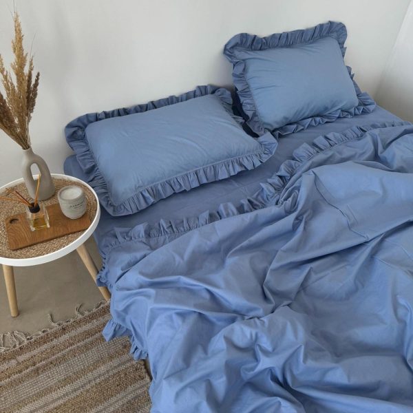 Soft Blue Ruffled Bedding Set – Elegant Cotton Duvet Cover & Pillowcases, Flat or Fitted sheet. Full, Double, Queen, King, Custom Size