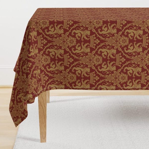 Medieval Lion Tablecloth – Lion In Red Gold by bradbury_&_bradbury – Royal Egal Victorian Gothic Cotton Sateen Tablecloth by Spoonflower