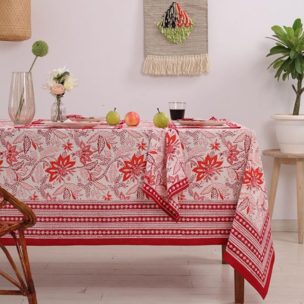 Red and White Dining Table Cover | Garden Table Cloth | Indian Floral Hand Block Printed Cotton Tablecloth | Table Scape Idea | Party Decor