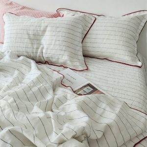 100% Linen Bedding Set with Embroidery Edge, Pin Stripe Duvet Cover Set Pillowcases with Ancora Red overlock stitch