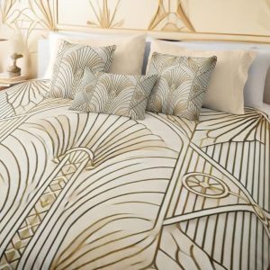 Ivory and Gold Art Deco Duvet Cover | Geometric Fan Shapes in Soft Beige & Gold | Cozy Microfiber for Elegant Bedroom Decor