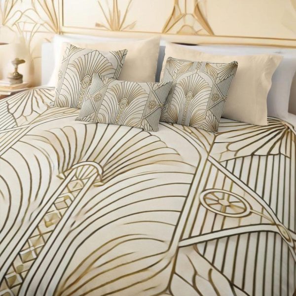 Ivory and Gold Art Deco Duvet Cover | Geometric Fan Shapes in Soft Beige & Gold | Cozy Microfiber for Elegant Bedroom Decor