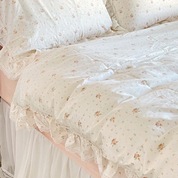 Floral Coquette Duvet Cover Set, Pink Cotton Cottagecore Princess Bedding