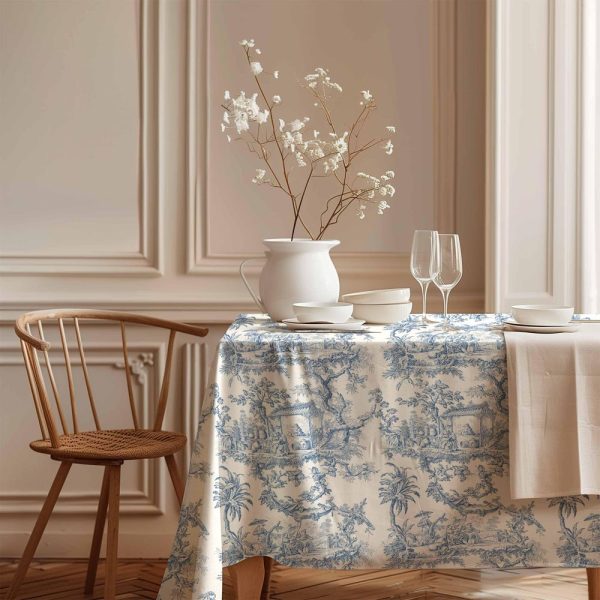 Tablecloth, Toile de Jouy, Vintage pattern, 100% linen
